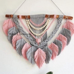 Boho Macramé Feather Wall Hanging – Pink & Grey with Wooden Beads