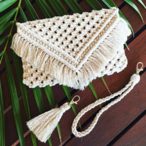Boho Macrame Clutch with Tassel Strap – Handmade Cotton Bag