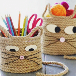 Handmade Cat Design Rope Organizer Basket