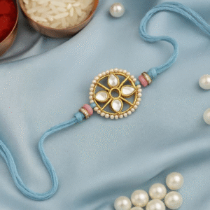 Kundan Pearl Floral Designer Rakhi with Sky Blue Thread